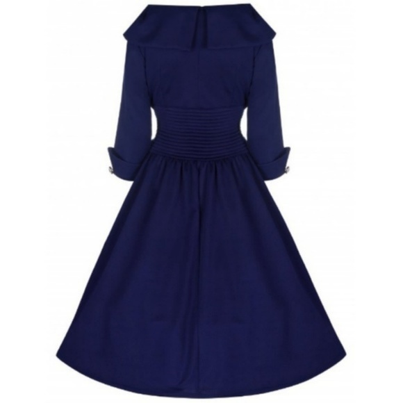 Collared Vintage Style Blue Rockabilly PinUp Dress - Picture 4 of 8